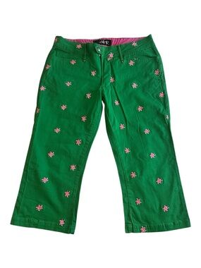 VTG Chor Y2K Green Capris Pink Embroidered Turtle Rave Pants Size 11